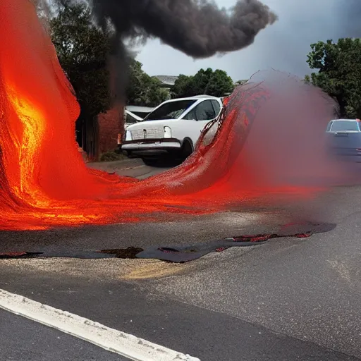 Image similar to molten lava flowing down a suburban street in America. Photo by Annie Liebowitz