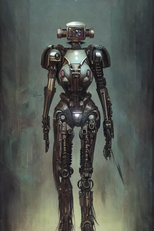 Image similar to fullbody or portrait, simple futurist cyborg raven, warhammer 4 0 k, perfect future, award winning art by santiago caruso, iridescent color palette, by wlop and karol bak and bouguereau and viktoria gavrilenko, 1 9 7 0 s retro future robot android. muted colors