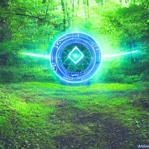 Image similar to a stargate made of stone with embedded blue glowing runes in the middle of a green forest with a beam of light