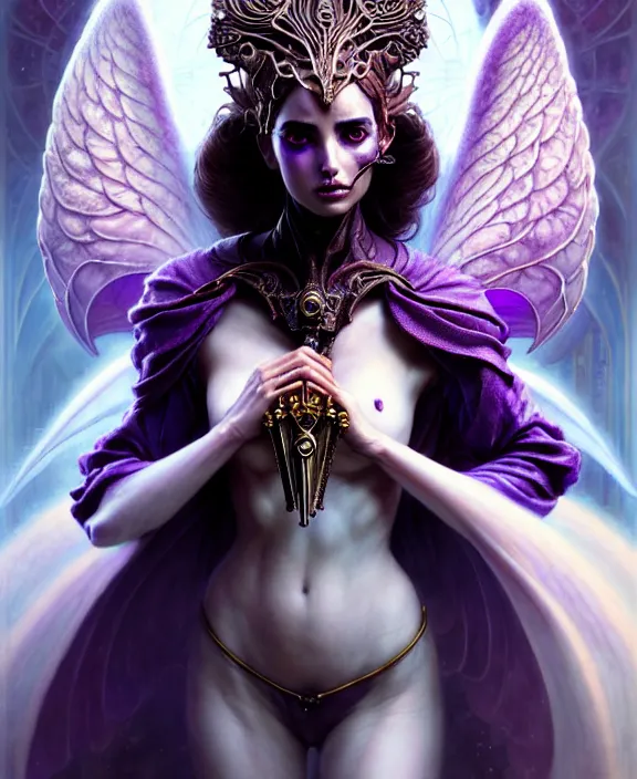 Image similar to beautiful fantasy character portrait, ana de armas, ultra realistic, wide angle, intricate details, the fifth element artifacts, tesseracts, highlights of purple, highly detailed by peter mohrbacher, hajime sorayama, wayne barlowe, boris vallejo, paolo eleuteri serpieri, dishonored 2, white gown, angel wings