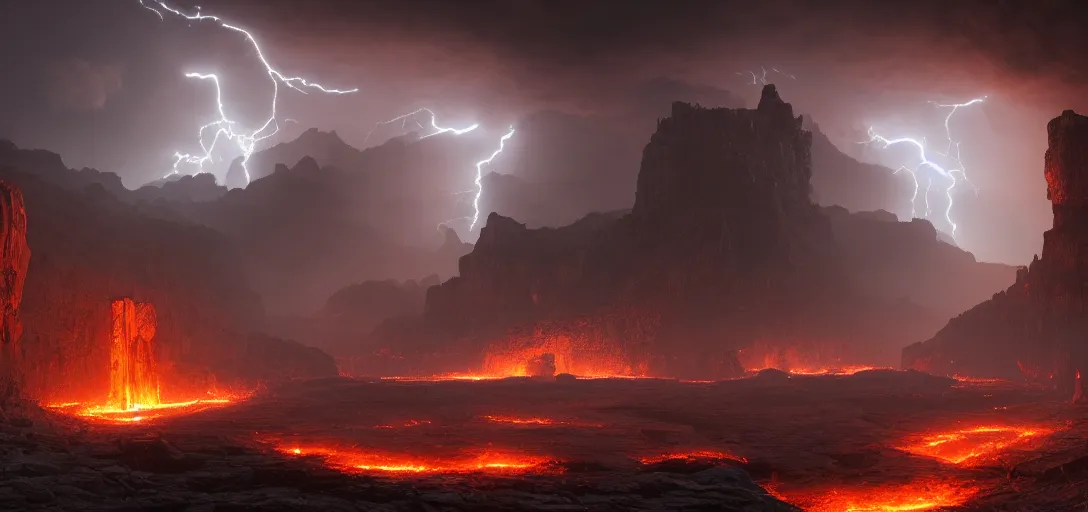 Image similar to dramatic view of empty cyberpunk underground foundry, giant pillars of fire, chimney stacks spitting out fire, river of lava held back by dam, glowing ominous clouds, lightning, unreal engine, dramatic lighting, detailed, ambient occlusion, global illumination, god rays, 3 d artstation render by greg rutowski and jessica rossier