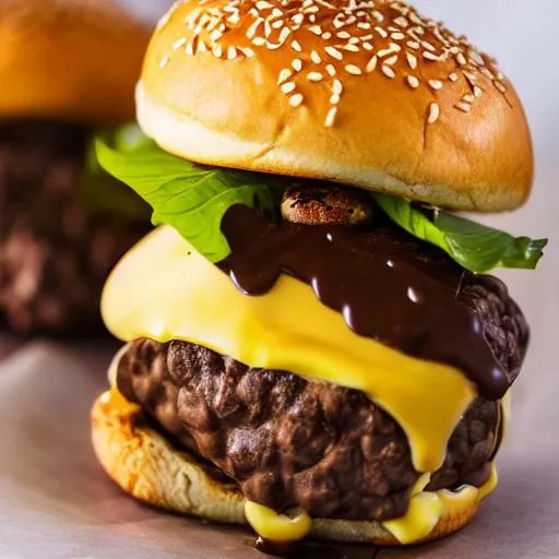 Prompt: closeup photo of most delicious cheeseburger with chocolate truffles inside