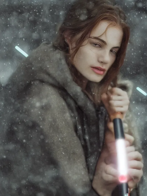 Image similar to cute model annie leonhart holding a lightsaber, beautiful face, detailed face, realistic eyes, pale skin, rule of thirds, cinematic lighting, rainy weather, melancholy atmosphere, volumetric light, realistic reflections, sharp focus, backlit, model agency, instagram photo, shot on sony a 7 iii, beauty filter, postprocessing