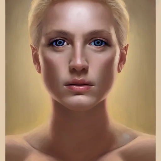 Image similar to a symmetrical portrait of a blonde woman with strong manly facial features, oil painting, pale colors, high detail, 8 k, wide angle, trending on artstation,