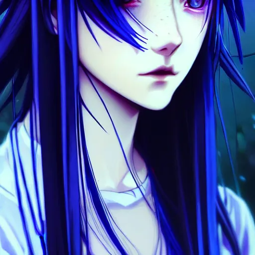 Image similar to long blue - haired girl with bangs gothic anime character with ( amber irises ) noir, screenshot, anime, sharp focus, intricate, illustration, cell shaded, digital painting, highly detailed, concept art, matte, art by ilya kuvshinov, wlop, and greg rutkowski, studio quality, james jean, artem demura