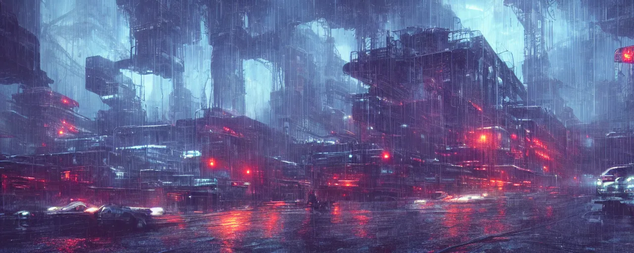 Prompt: ” industrial alien landscape, [ rain, city, cinematic, detailed, epic, widescreen, opening, establishing, mattepainting, photorealistic, realistic textures, octane render, art by slop and paul lehr ] ”