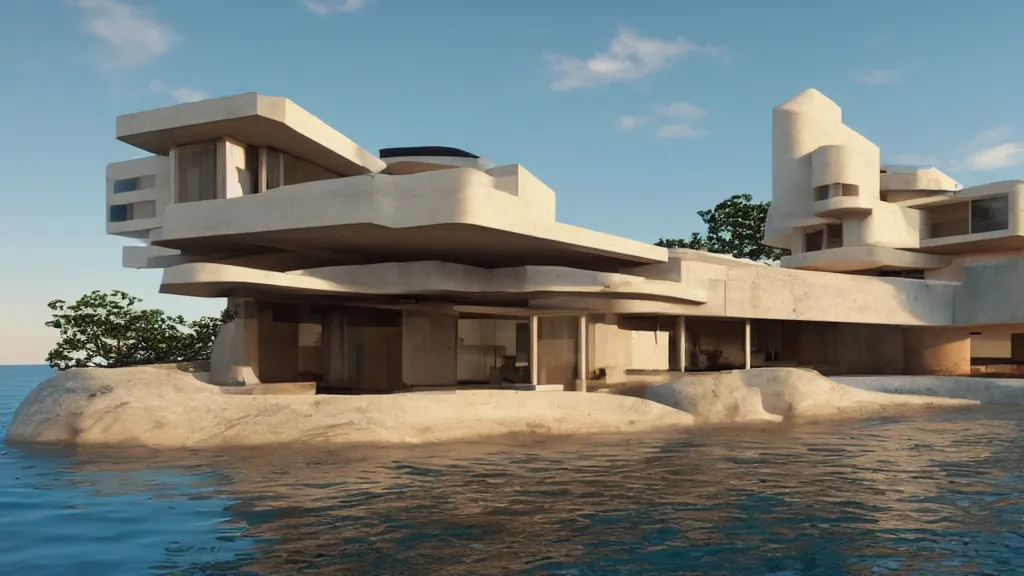 Image similar to modern concrete house built in the ocean, futuristic accents, golden hour, 4 k, built by frank lloyd wright, concept art