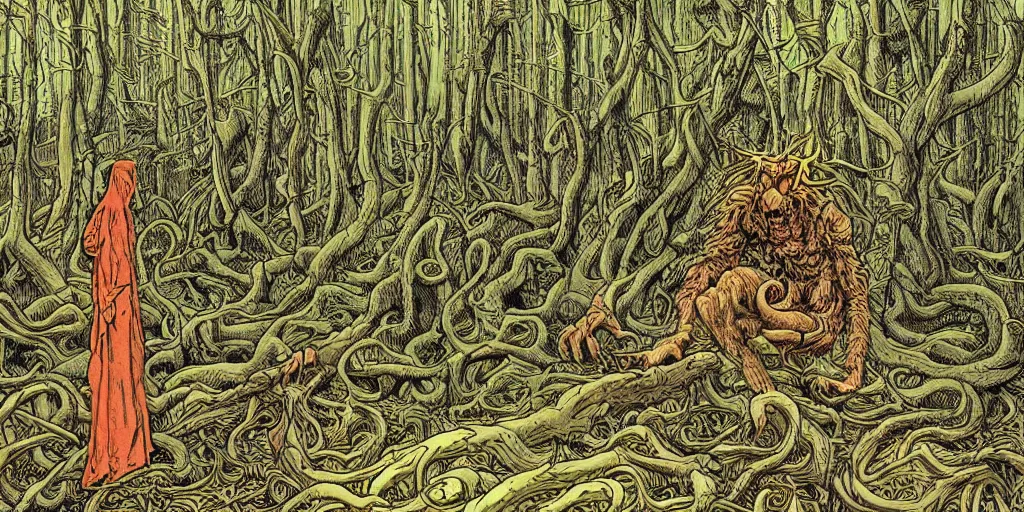 Prompt: detailed illustration of a of a monster in an ornate forest by moebius