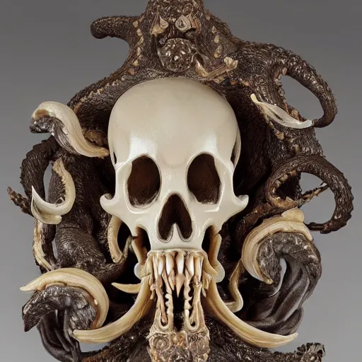 Image similar to an intricately detailed carving in an wolf - octopus skull, rococo ornate bone and ivory sculpted skull with teeth and tentacles, horror, artifact, micro detailed, inscribed with occult symbols, otherworldly