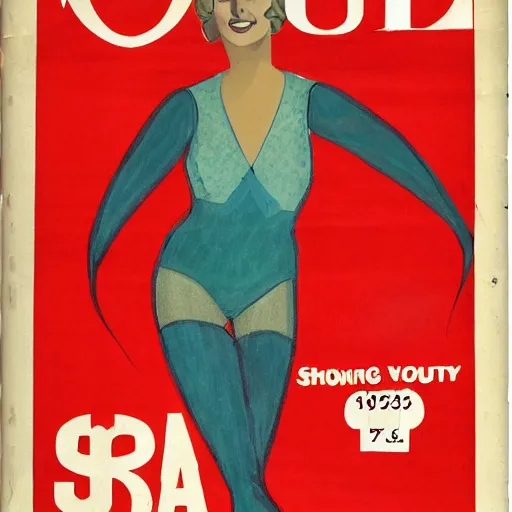 Prompt: a 1 9 2 8 cover of vogue. happy, healthy, beautiful, smiling, young, sporty, glowing greta garbo in decent swim wear. realistic detailed drawing