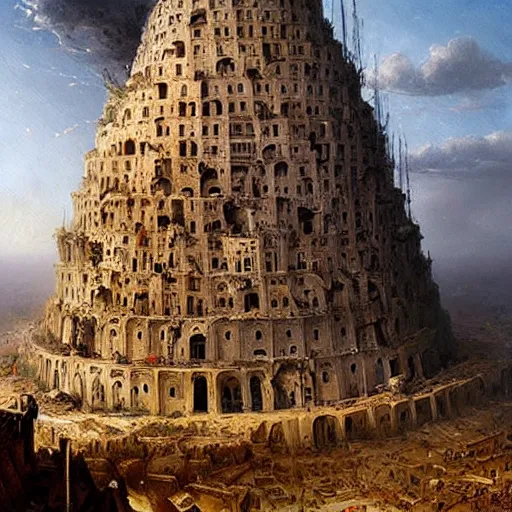 Prompt: Tower of babel, destruction, beautiful, highly-detailed oil painting by Greg Rutkowski