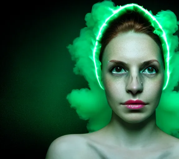 Prompt: portrait of a woman with flaming horns in the wisps of thick smoke, looking into the camera, studio photography, studio lighting, realistic render, octane render, 4 k, 8 k, glowing green eyes, face in focus