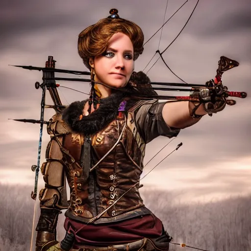 Prompt: photo of a steampunk female archer, highly detailed, 4k