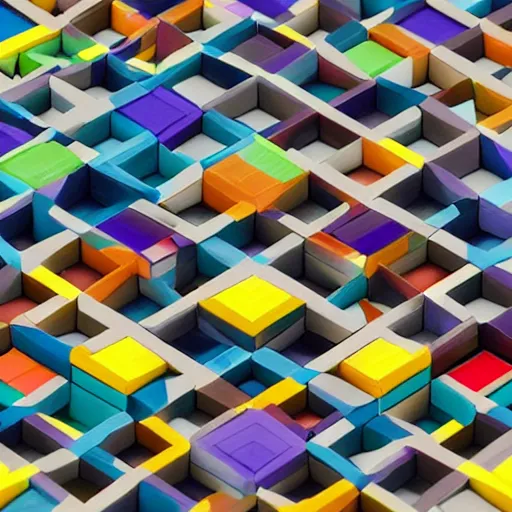 Image similar to an axonometric isometric photo of a closely stacked series of many individually coloured blocks. each blocks has a unique single colour and have a satin finish. are made of a satin resin. photorealistic, architectural model, octane render, path tracing