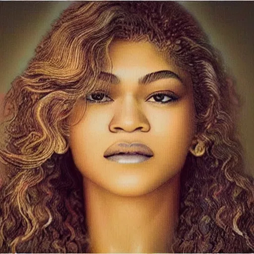 Image similar to “Zendaya, beautiful, Beyonce in the form of the Virgin Mary, highly detailed, photorealistic”