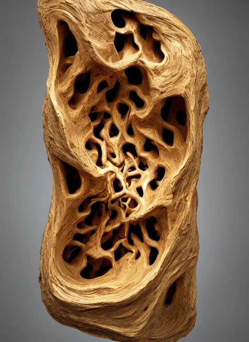 Image similar to sculpture of the endless transcendence of recursion, solid fluid fractals of celestial ivory, museum piece, museum display, back - lit, wooden cabinet