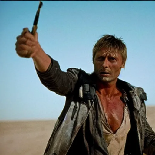 Image similar to A still of Mads Mikkelsen in Mad Max: Beyond Thunderdone (1985)