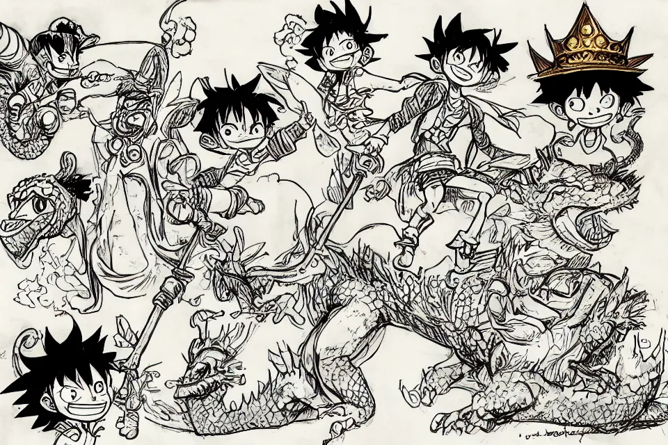 Image similar to concept sketches of a young luffy riding wearing a gold crown riding a large dragon by jamie hewlett, in the style of megaman