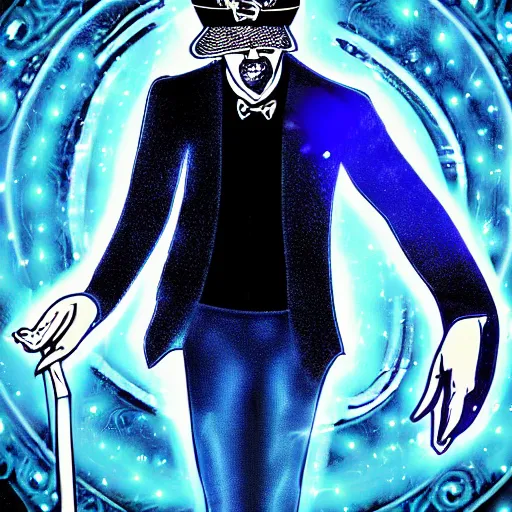 Image similar to a male magician with glowing eyes, frontal view, cool looking, digital art