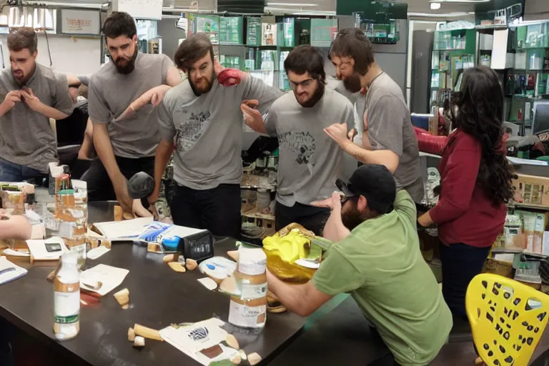 Prompt: a group of software engineers battle a giant Tabasco bottle