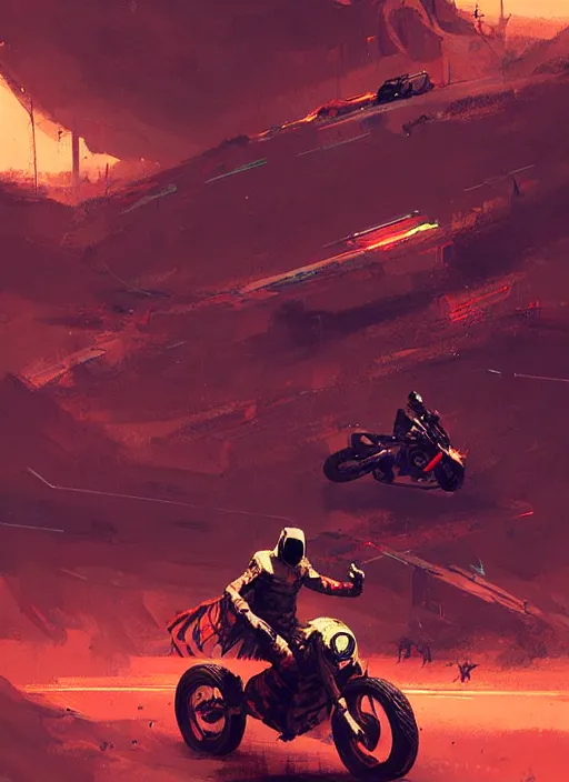 Prompt: sci - fi art, motorbikers race in hell, red peaks in the background, art by ismail inceoglu