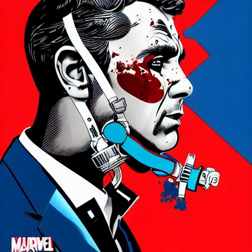 Image similar to a profile photo of an james bond side profile with a diving oxygen mask with side profile blood in ocean intricate details by MARVEL comics and Sandra Chevrier-C