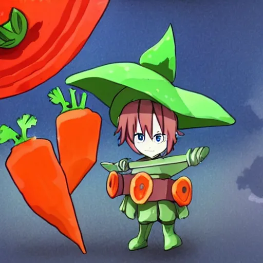 Image similar to cute robot with big tomato hat and a carrot sword, made in abyss style