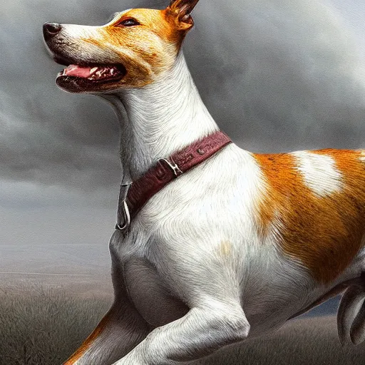 Image similar to hyperrealistic mixed media high resolution painting of a Jack Russell Terrier riding a horse into the Civil War, stunning 3d render inspired art by István Sándorfi and Greg Rutkowski and Unreal Engine, perfect symmetry, dim volumetric lighting, 8k octane beautifully detailed render, post-processing, extremely hyper-detailed, intricate, epic composition, highly detailed attributes, highly detailed atmosphere, cinematic lighting, masterpiece, trending on artstation, very very detailed, masterpiece, stunning, flawless structure, lifelike texture, perfection,