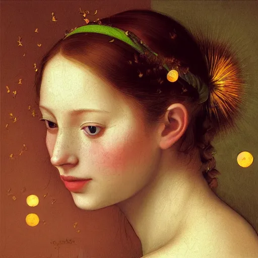 Prompt: portrait of happy a young woman, among the lights of golden fireflies and nature, long loose red hair, intricate details, bright green eyes, freckles on the nose, round gentle face, romantic dress, golden ratio, hyper realistic digital art by artemisia lomi gentileschi and caravaggio, unreal engine 5