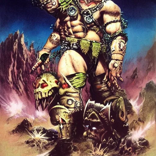 Image similar to Heavy metal Ork, Orkboy, Ork, 80s metal, mohawk, shaggy hair, New Wave of British Heavy Metal, Frank Frazetta, pulp art, illustration