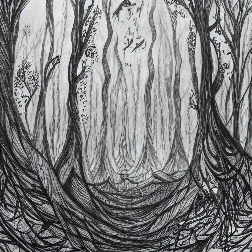 Image similar to dark forest illustration, dark fantasy, black ink on white paper, sketched 4k