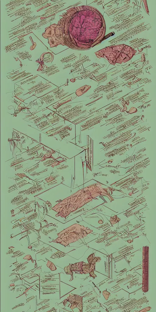 Image similar to anatomy of the borg, diagrams, map, marginalia, sketchbook, old script, inhabited initials, pastel infographic by Wes Anderson and victo ngai