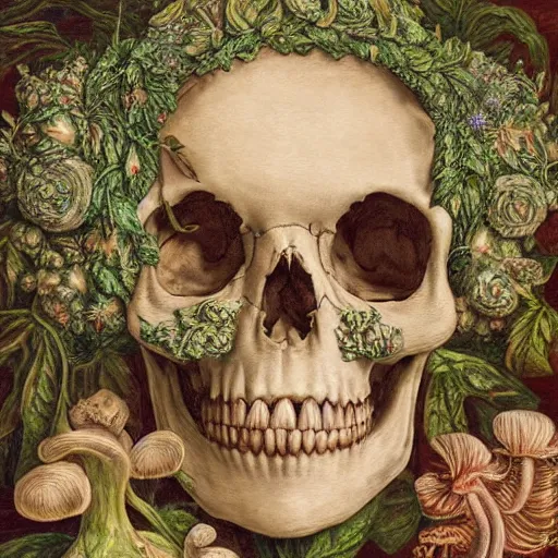 Prompt: a beautiful detailed front view rococo portrait of a rotten woman corpse becoming almost a skull with face muscles, veins, arteries, fractal plants and fractal flowers and mushrooms growing around, intricate, ornate, volumetric light, beautiful lit, beetlejuice