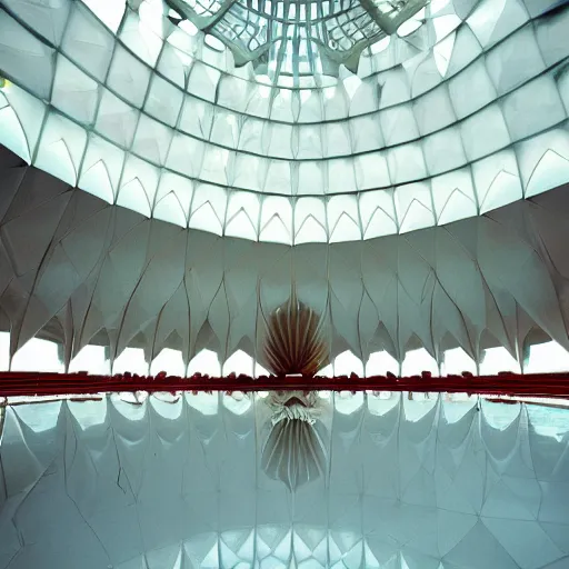 Image similar to interior of a futuristic lotus temple space station with gold, red and white marble panels, by buckminster fuller and syd mead, intricate contemporary architecture, photo journalism, photography, cinematic, national geographic photoshoot