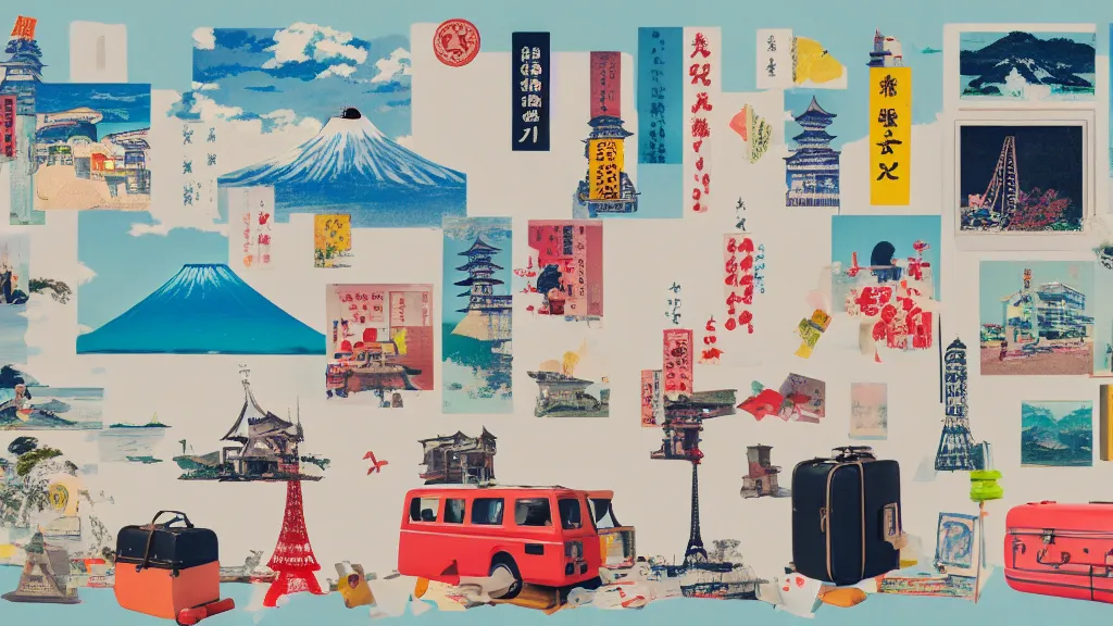 Image similar to an arrangement of tourist goods traveller props, japan, a collage painting, in the style of wes anderson, lola dupre, david hockney, isolated on negative white space background dark monochrome neon spraypaint accents volumetric octane render