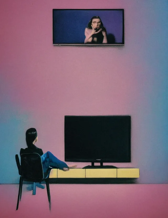 Image similar to woman in dark room sitting on a chair infront of tv, blue rays from tv, redshift, wide shot, coloured polaroid photograph, pastel, kodak film, hyper real, stunning moody cinematography, by maripol, fallen angels by wong kar - wai, style of suspiria and neon demon, david hockney, detailed, oil on canvas