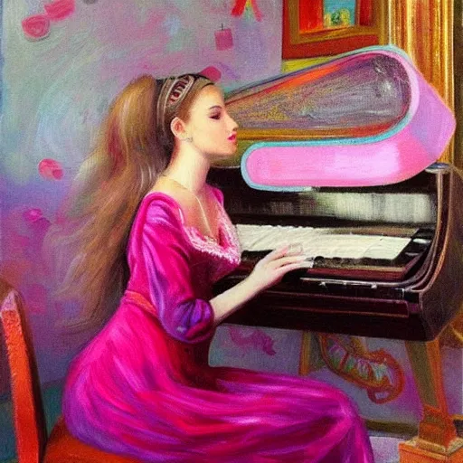 Prompt: highly detailed painting of beautiful russian girl playing a pink keyboard with a cup of tea, realistic,