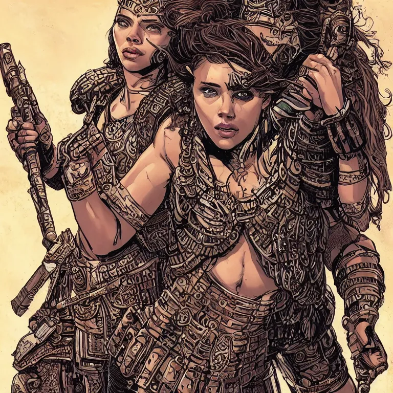 Prompt: scarlett johannson as an amazon warrior, a tall beautiful woman with brown skin and long hair, dressed in hellenistic body armour, intricate, elegant, highly detailed, smooth, sharp focus, detailed face, high contrast, graphic novel, art by laurie greasley