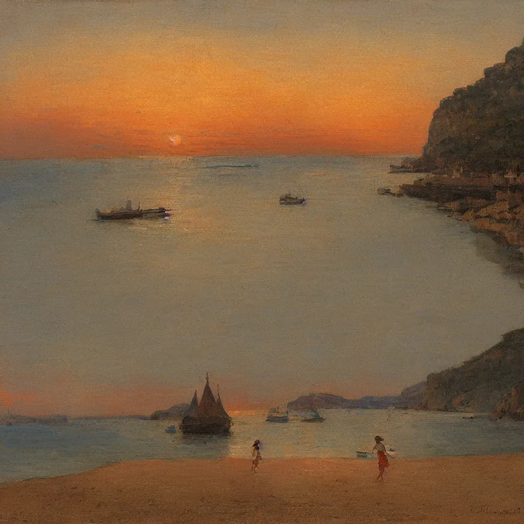 Image similar to a girl on the beach, beautiful sunset, at Ville Franche sur Mer by Claude Lorraine