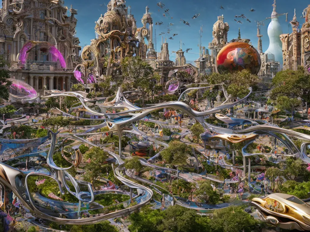 Image similar to a busy elaborate ornate outdoor science museum, cinematic, shadows, 4 k, detailed, by zaha hadid and lisa frank and peter jackson and ridley scott and beeple and greg rutowski