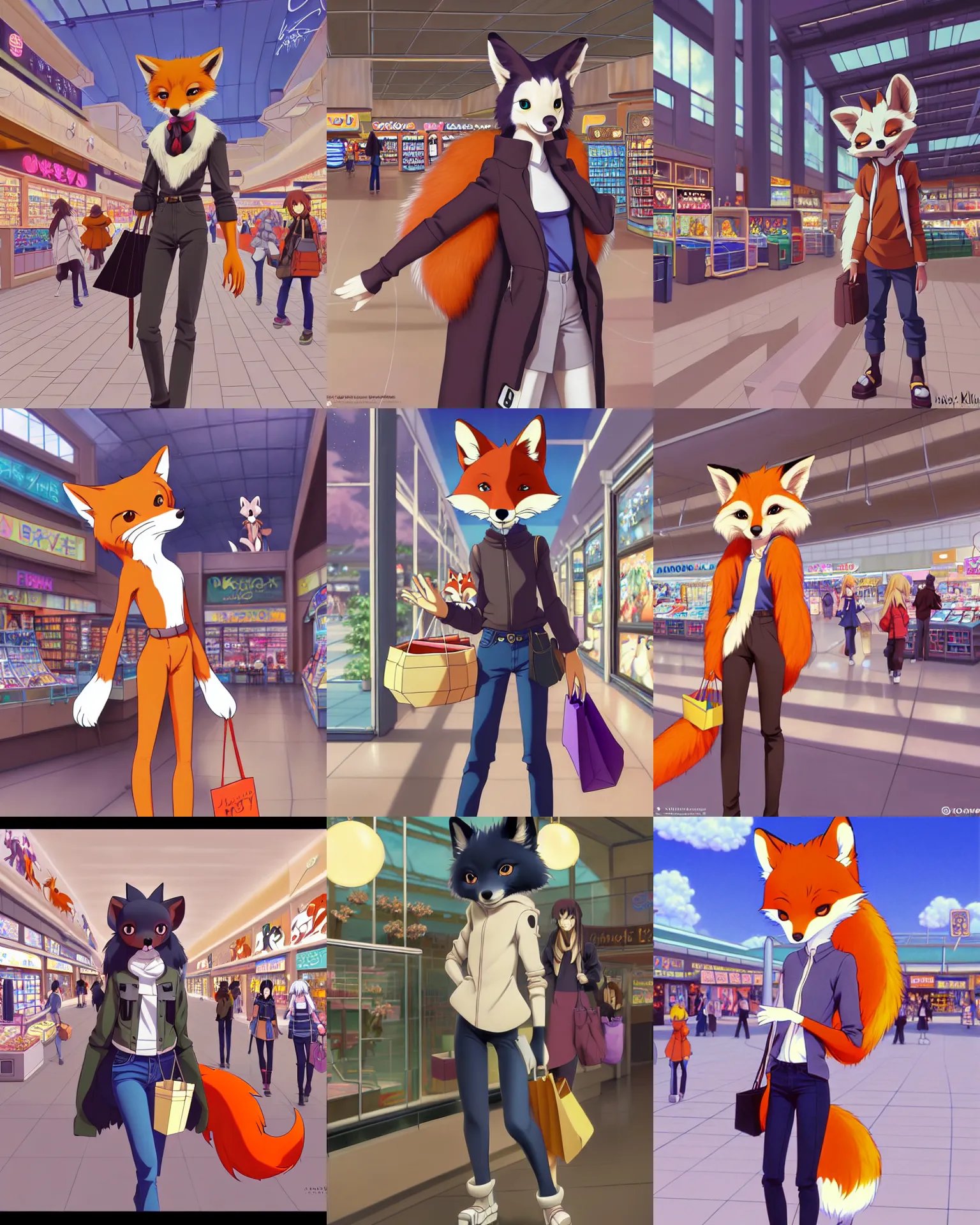 Image similar to anthro art commission of a cute stylish anthropomorphic natural furry fox person shopping at a futuristic mall, photorealistic, detailed key anime art, makoto shinkai, james gurney, don bluth!!, disney!!, hibbary!!, dark natasha, goldenwolf, furaffinity, fursona, greg rutkowski