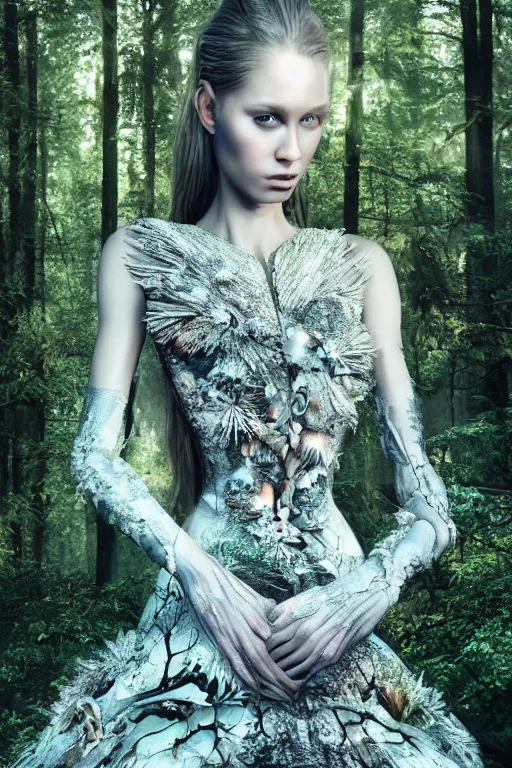 Image similar to a beautiful hyperrealistic ultradetailed 3D, one girl in a magnificent McQueen couture dress on the background of a futuristic forest, Designer clothes, futuristic clothes, clothes from the future, biopunk, voge photo, fashion style, fullbody, in full growth, photorealistic, high resolution, trending on artstation, highly detailed, volumetric lighting, elegant, details, good clear quality, volumetric lighting,