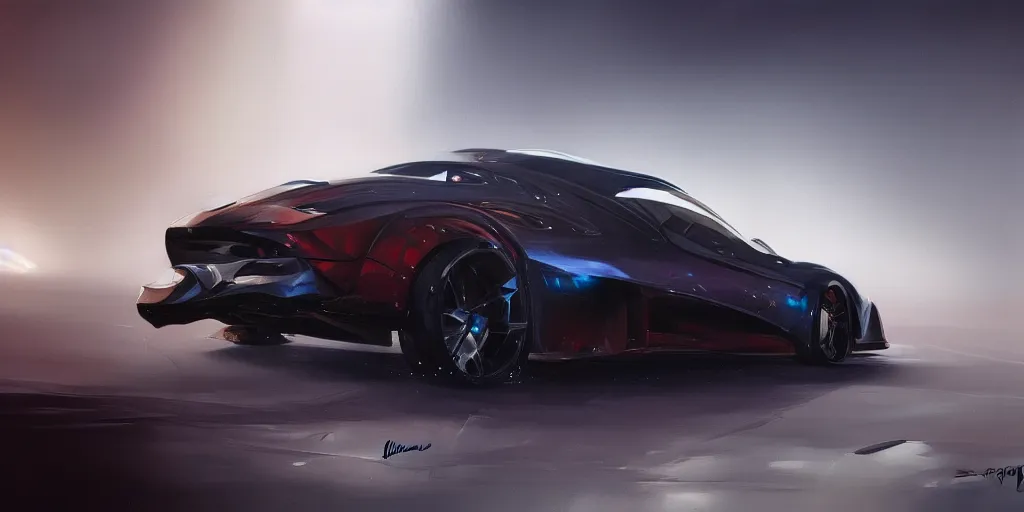 Image similar to full view of a sport car, painted in dark color holographic pearlescent, elegant, digital painting, concept art, smooth, sharp focus, art style from Wang Ke and Greg Rutkowski and Bruce Kaiser and Scott Robertson and Dmitry Mazurkevich and Doruk Erdem and Jon Sibal, small style cue from Mad Max
