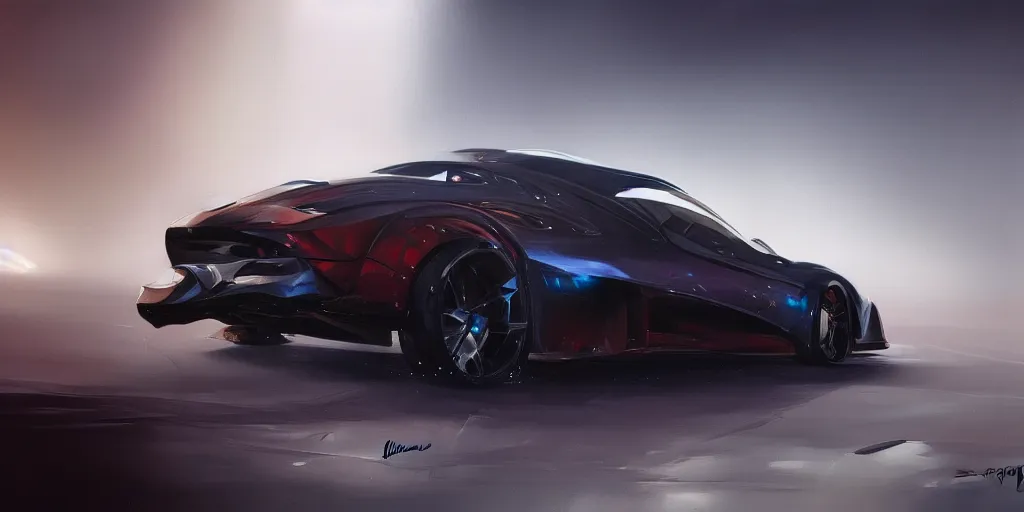 Prompt: full view of a sport car, painted in dark color holographic pearlescent, elegant, digital painting, concept art, smooth, sharp focus, art style from Wang Ke and Greg Rutkowski and Bruce Kaiser and Scott Robertson and Dmitry Mazurkevich and Doruk Erdem and Jon Sibal, small style cue from Mad Max