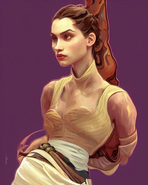 Image similar to the child of jar jar binks and padme amidala, sharp shapes, soft brush strokes, alphonso mucha, pronounced contours, harsh lighting, masterpiece, artstation