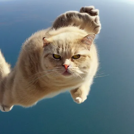 Prompt: real photo of fat angry cat skydiving