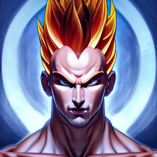 Image similar to symmetry!! intense portrait of sangoku ssj, intricate, elegant, highly detailed, my rendition, digital painting, artstation, concept art, smooth, sharp focus, illustration, art by artgerm and greg rutkowski and alphonse mucha