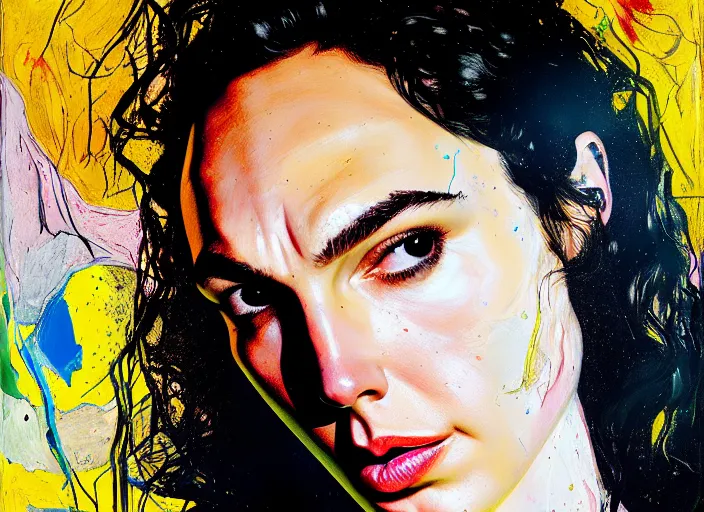 Image similar to portrait of gal gadot, by vincent lefevre and hernan bas and pat steir and hilma af klint, psychological, photorealistic, dripping paint, washy brush, rendered in octane, altermodern, masterpiece