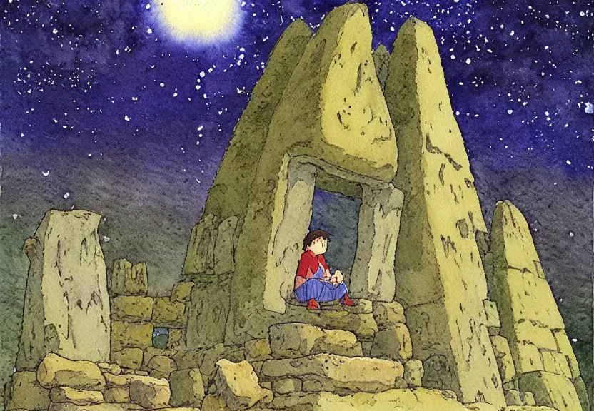 Prompt: a simple watercolor studio ghibli movie still fantasy concept art of a giant native man sitting on a tiny stonehenge in machu pichu. it is a misty starry night. by rebecca guay, michael kaluta, charles vess