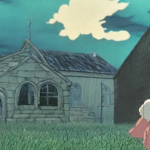 Prompt: ghost of a young girl, a burnt out church, wisps of smoke, photorealism, cel shaded, studio ghibli, hayao miyazaki